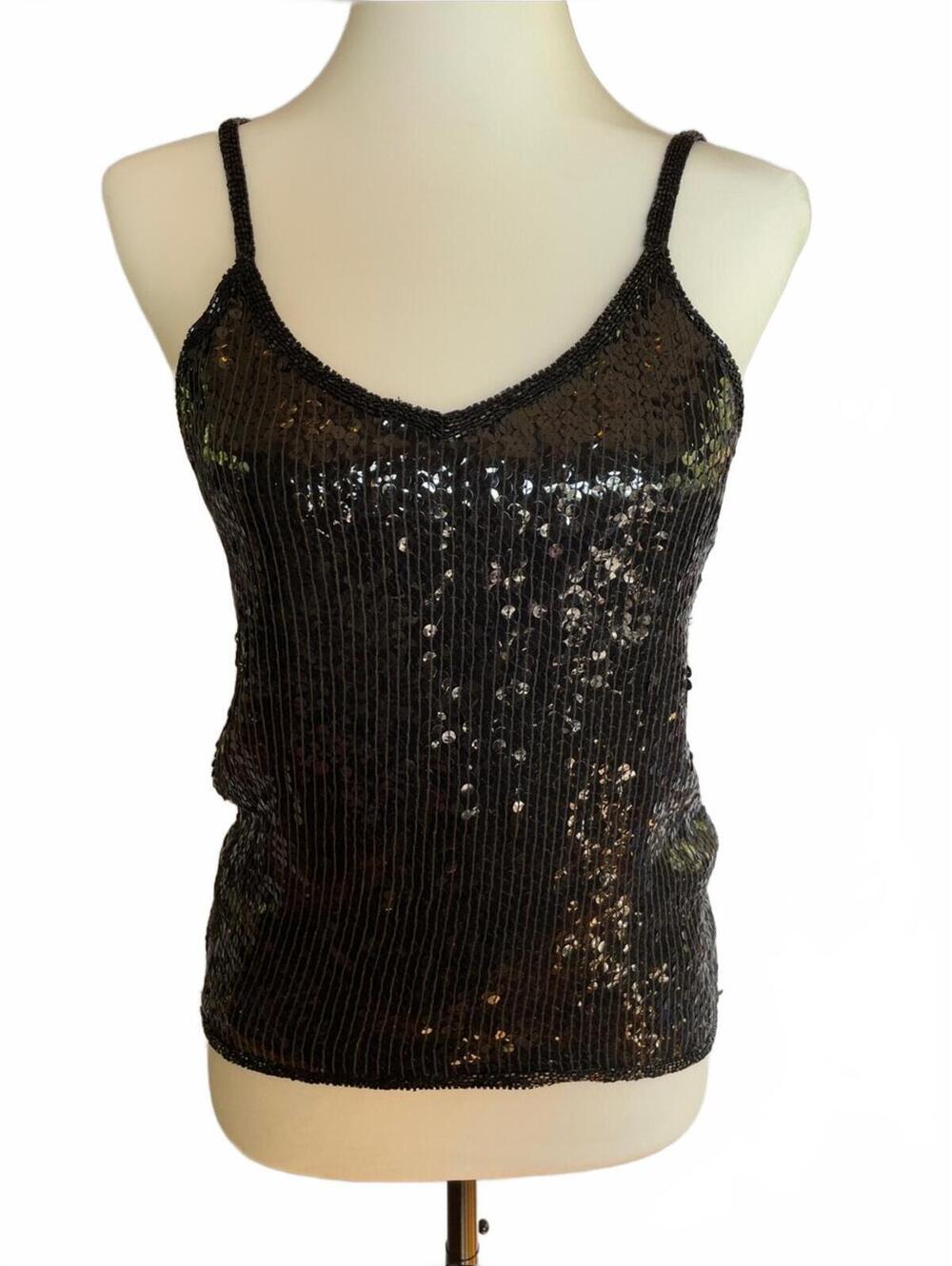 Vintage Albert Paul Black Silk Sequin Tank Top M Y2K Party Club Flapper Gatsby